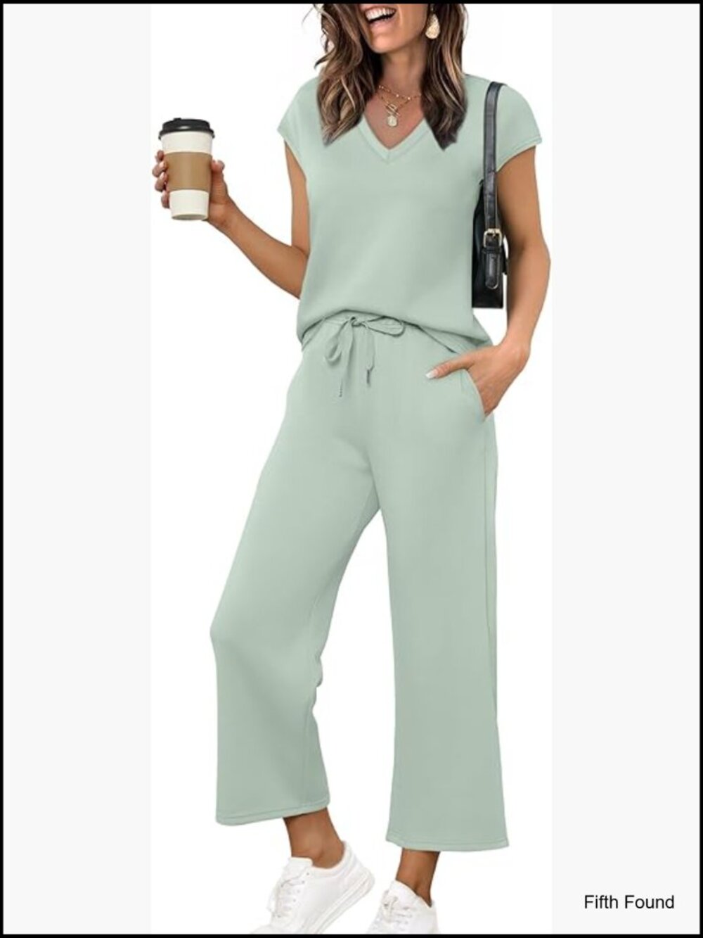 Two Piece Lounge Set V Neck Top Wide Leg Pants Summer Outfits Travel